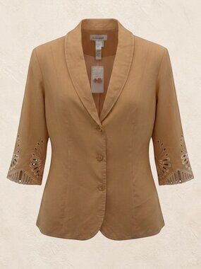 Lino USA Embroidered 100% Linen Button‎ Up Blazer Jacket Tan 1X